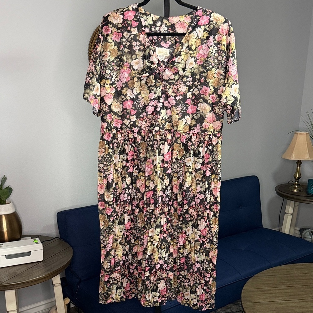 Roaman's Black Pink Floral Pleaded Midi Sheer Dress, Bow Tie & Shoulder Pads